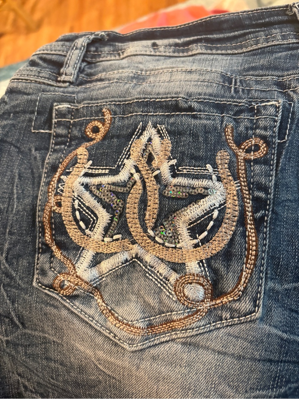 Women’s Blue Denim Jean Shorts with Embroidered Pocket - Picture 2 of 5